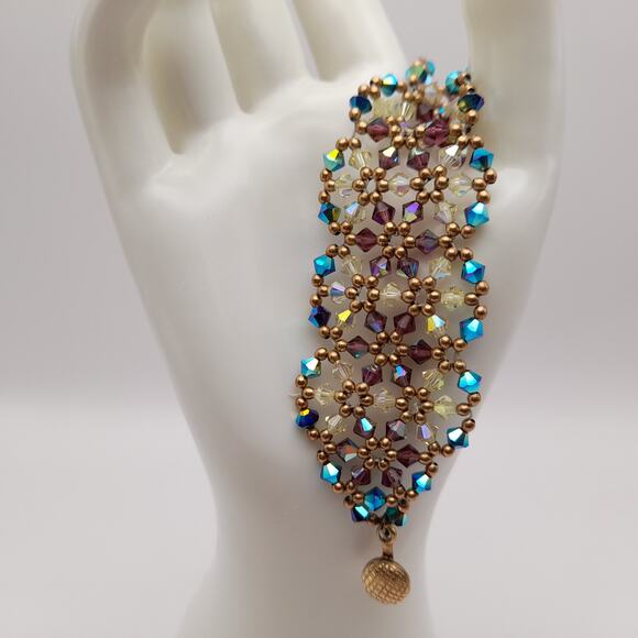 Vintage Handwoven Small Crystal Bracelet - 6 Inches - Unique Sunflower Clasp - Picture 2 of 13